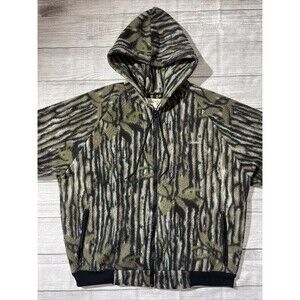 Vtg Cabela's Fleece Jacket Tree Bark Camo Hunting Super Slam USA 90s W/Hood
